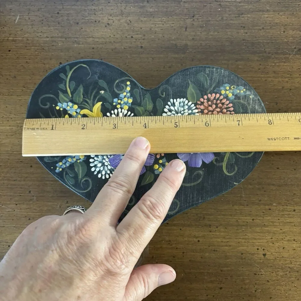 Hand Painted Tole Floral Heart Wood Plaque Black Multicolor Folk Art 8x1
